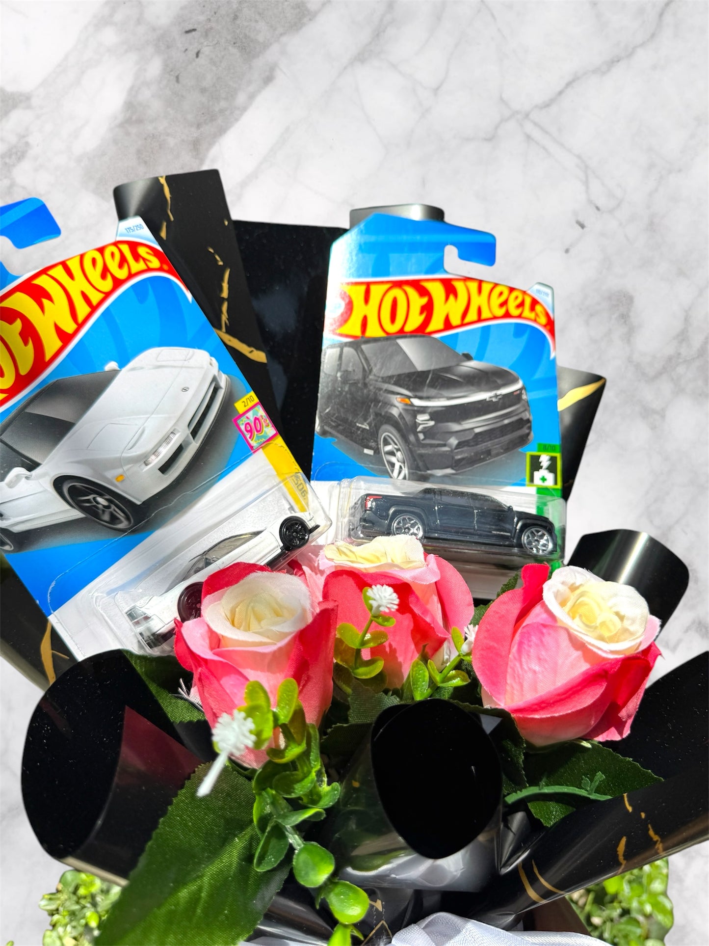 Premium Hot Wheels Car Bouquet -  Silverado EV RST and White Semi-Premium car