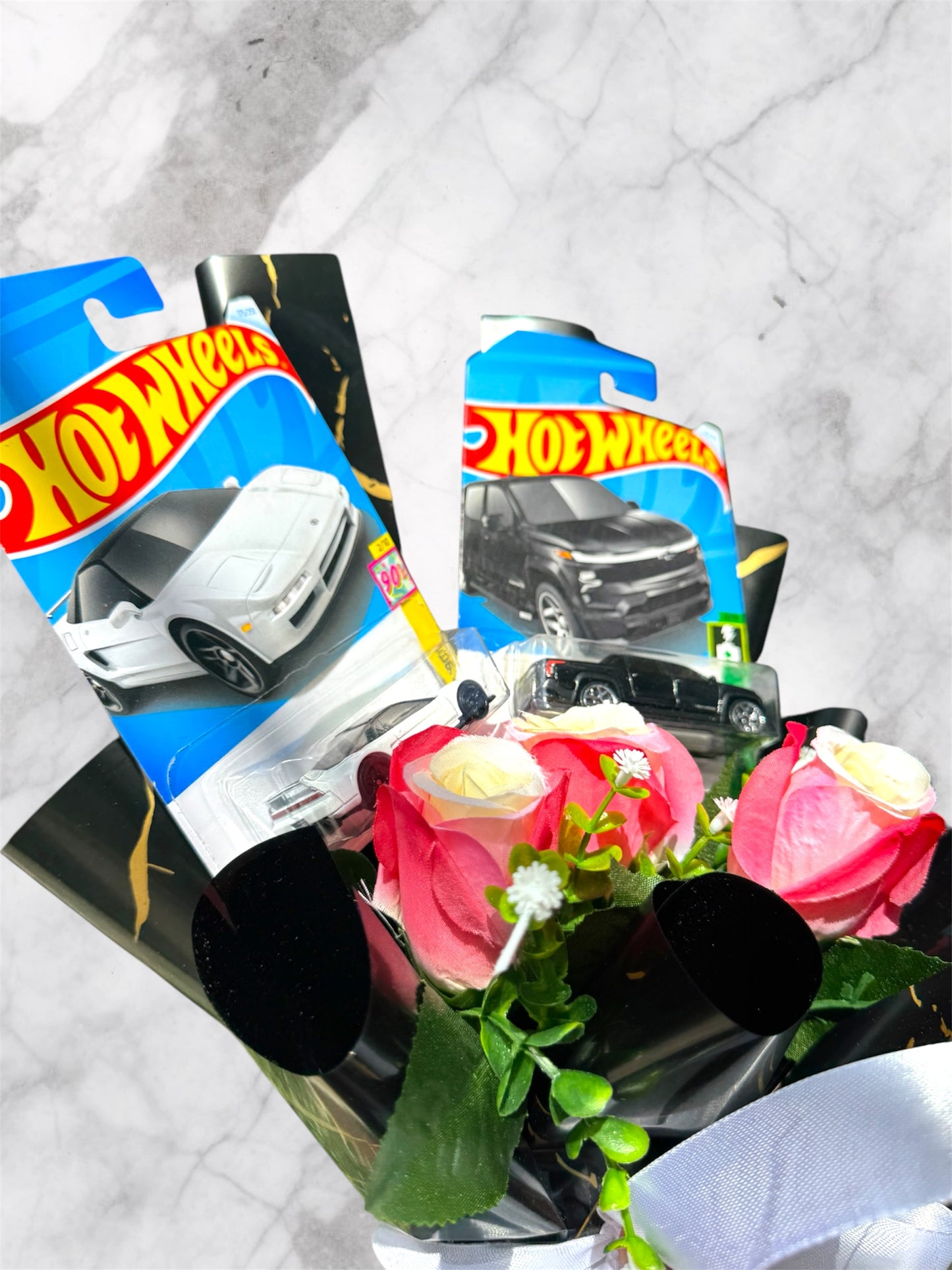 Premium Hot Wheels Car Bouquet -  Silverado EV RST and White Semi-Premium car