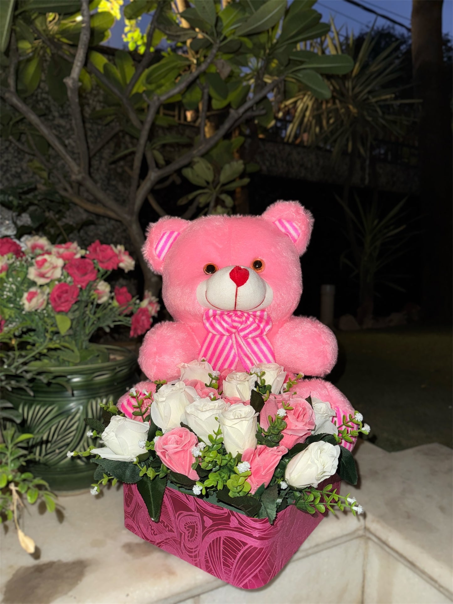 Pink White Roses Teddy Bouquet