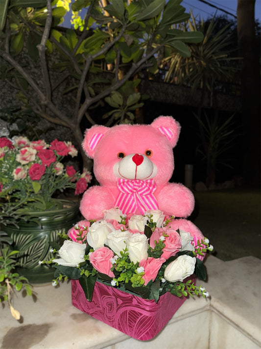 Pink White Roses Teddy Bouquet