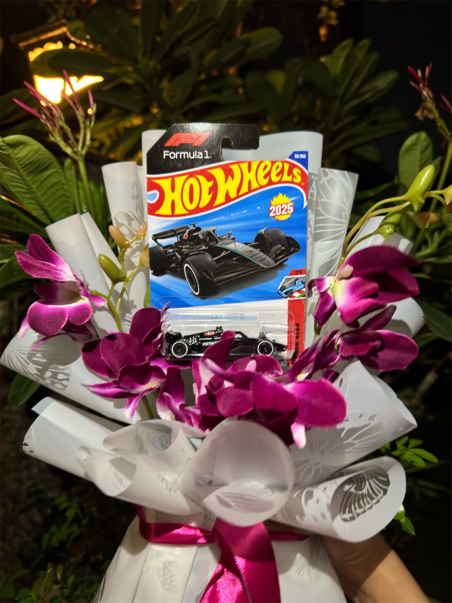 Hot Wheels Bouquet – Mercedes-AMG Petronas F1 with Royal Purple Orchids