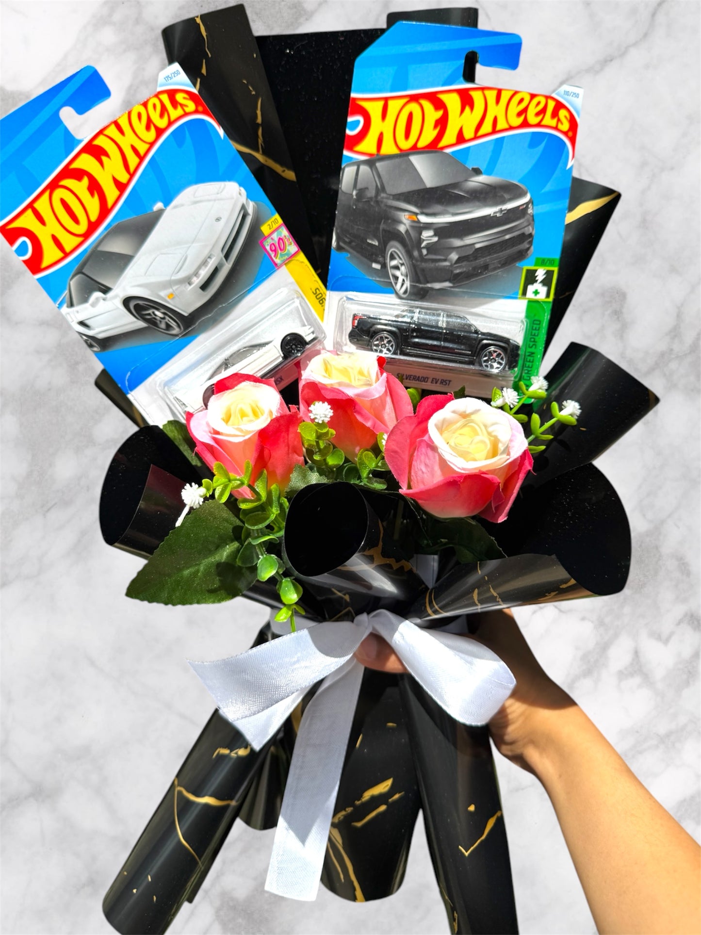 Premium Hot Wheels Car Bouquet -  Silverado EV RST and White Semi-Premium car