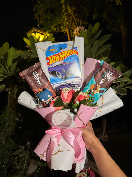 Hot Wheels and Protein Bar Bouquet - Batman Key Chain Edition