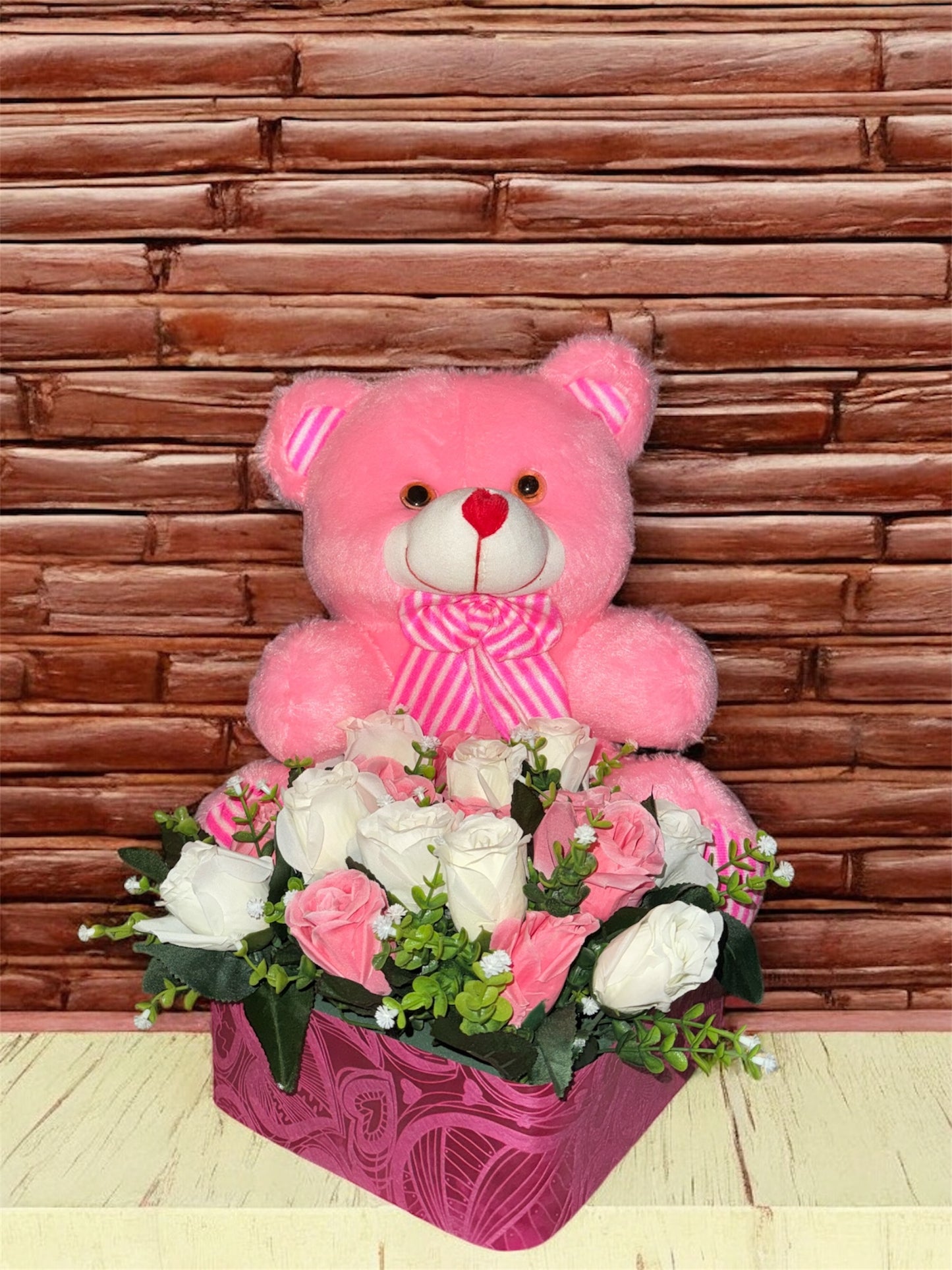 Pink White Roses Teddy Bouquet