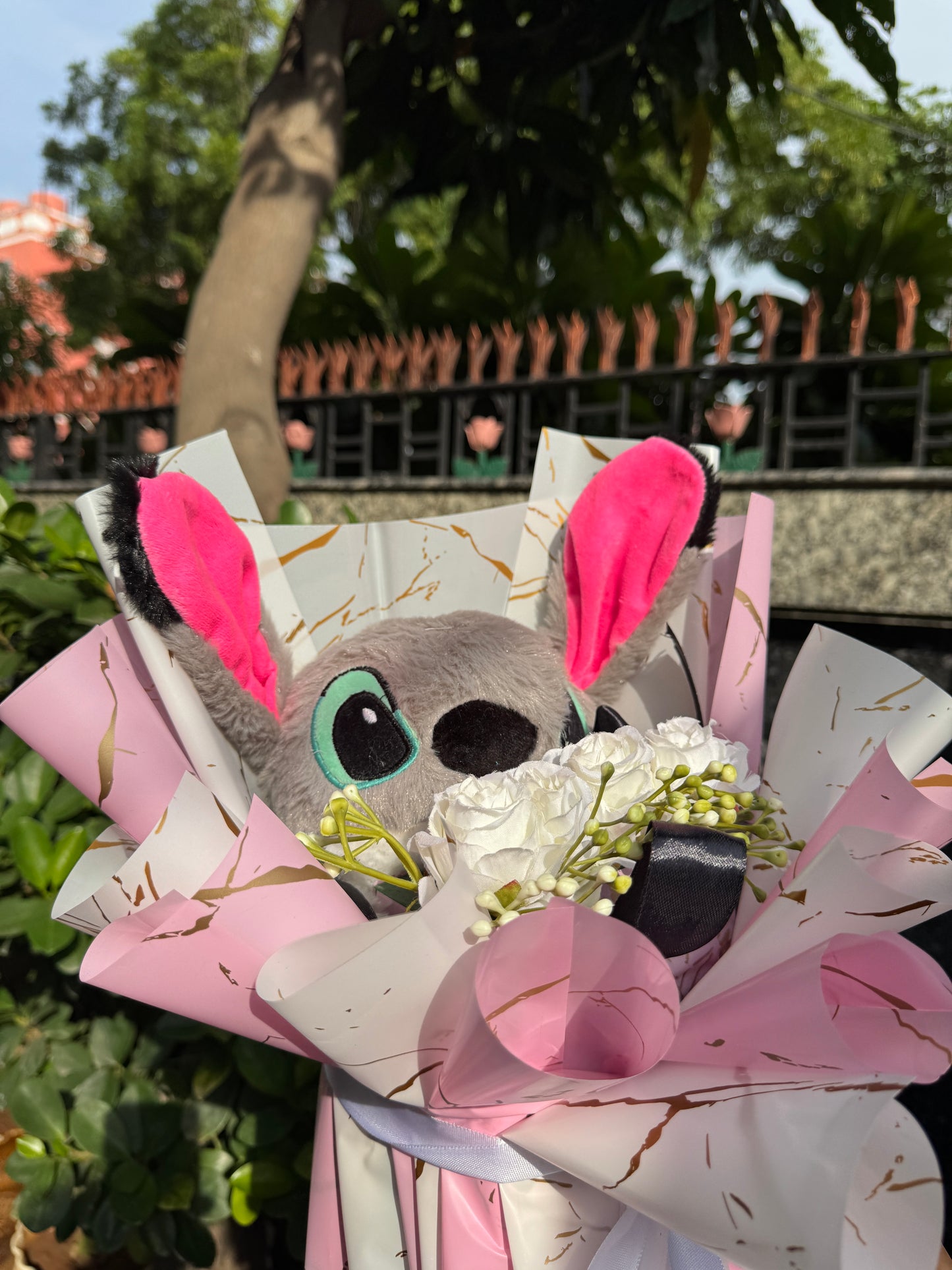 Disney Lilo Teddy with White Roses Bouquet – Cute & Elegant Gift