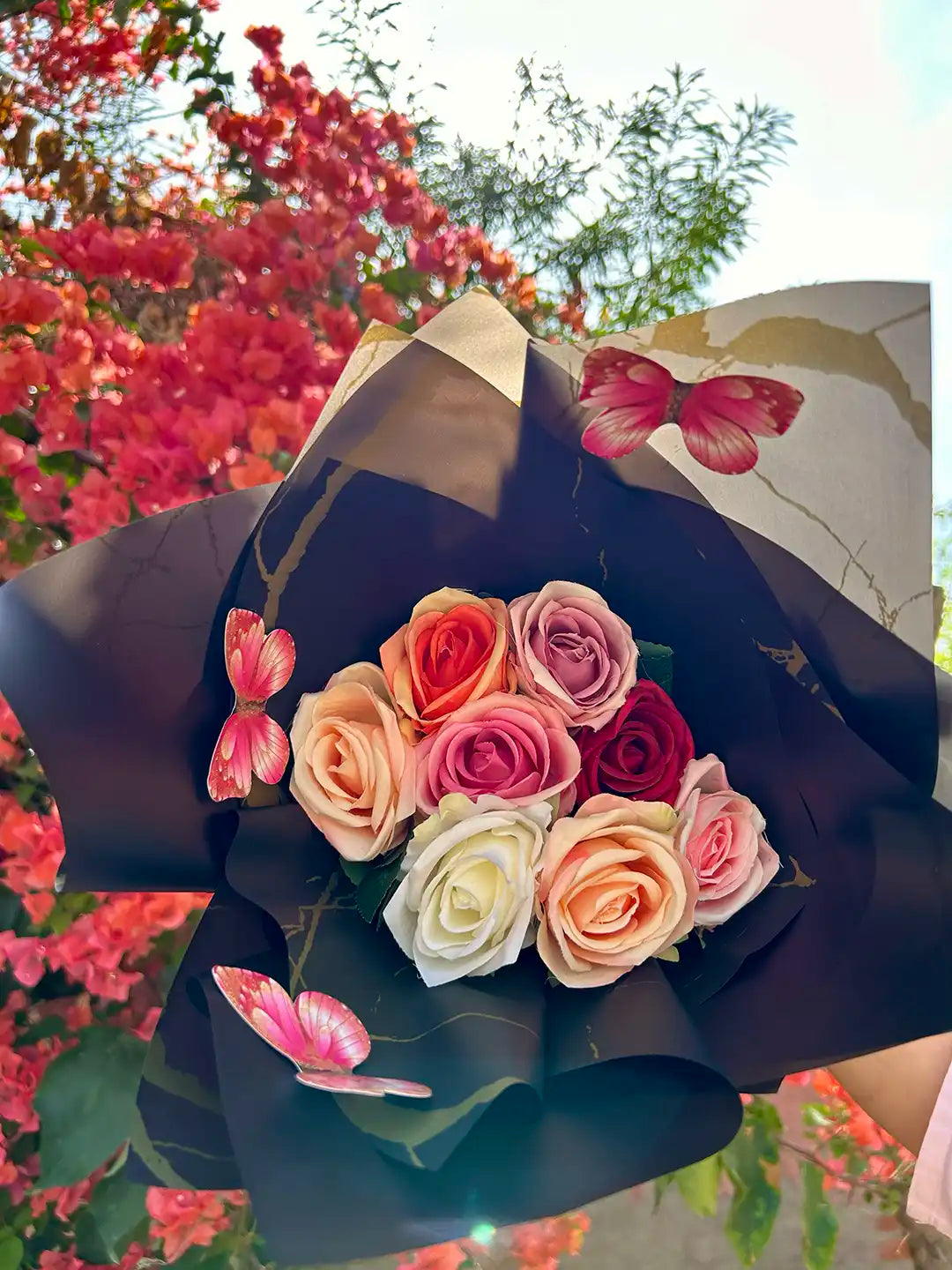 Butterfly Colourful Roses Flower Bouquet