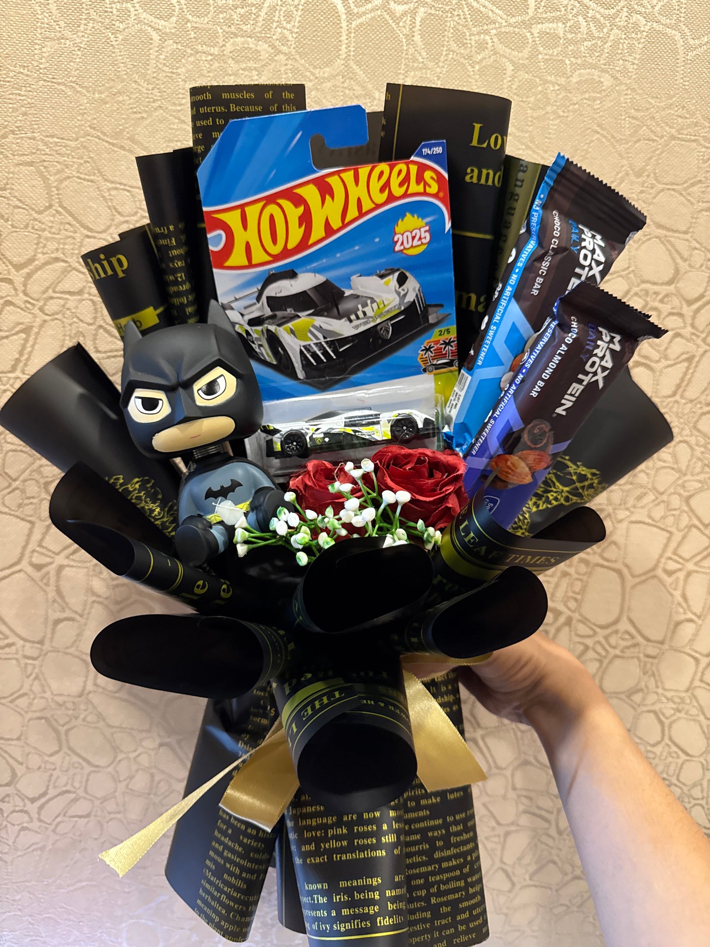 Batman & Hot Wheels Power Bouquet – Collectibles, Protein Bars & Roses