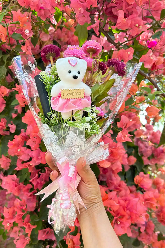 Pink Flower Teddy Lipstick Bouquet
