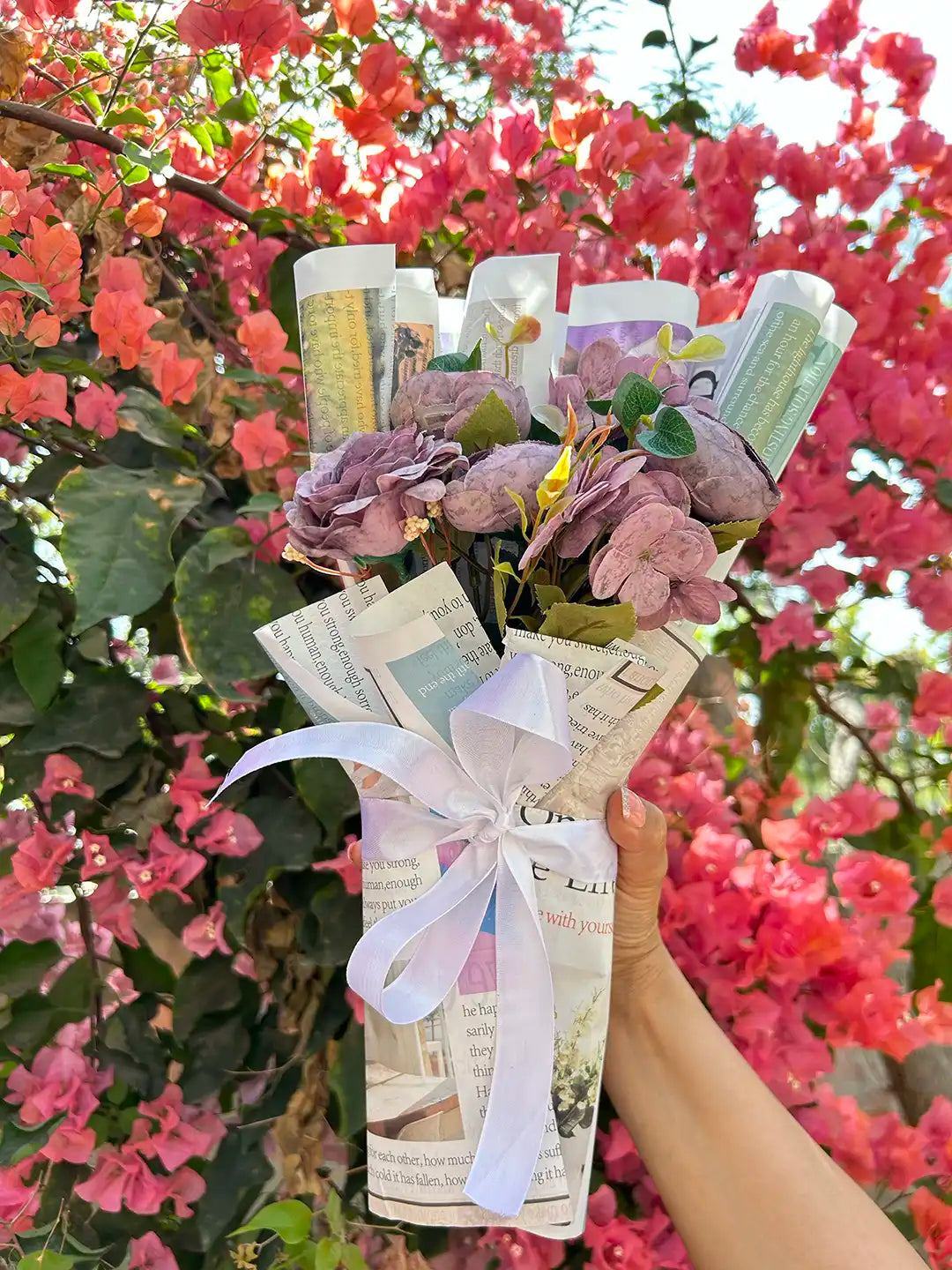 Newspaper Purple Flower Bouquet