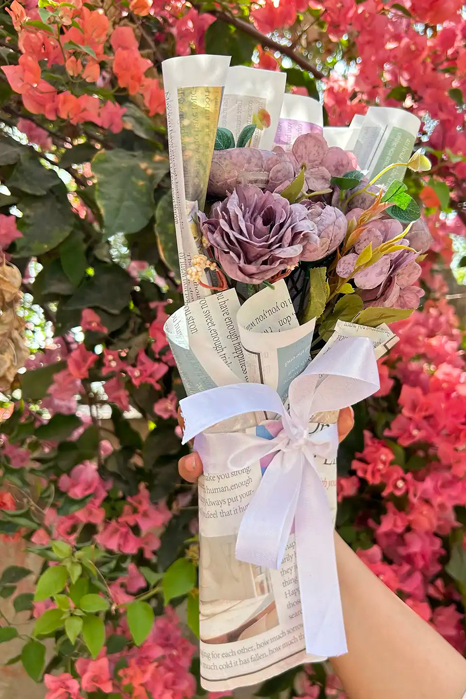 Newspaper Purple Flower Bouquet