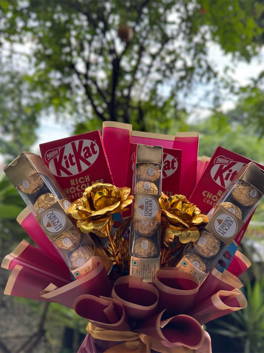 Sweet Gold Elegance – KitKat & Ferrero Rocher Chocolate Bouquet