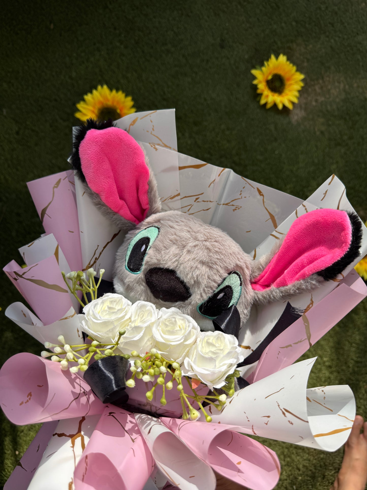 Disney Lilo Teddy with White Roses Bouquet – Cute & Elegant Gift