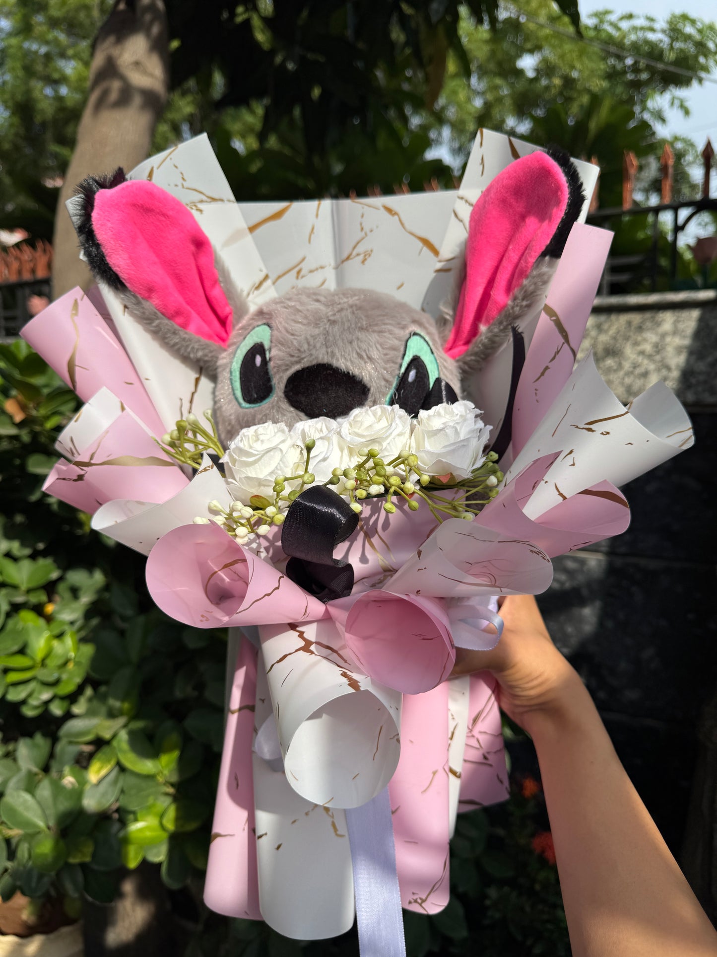 Disney Lilo Teddy with White Roses Bouquet – Cute & Elegant Gift