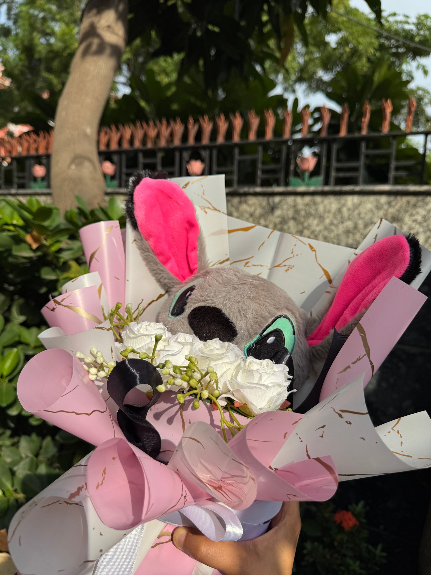 Disney Lilo Teddy with White Roses Bouquet – Cute & Elegant Gift