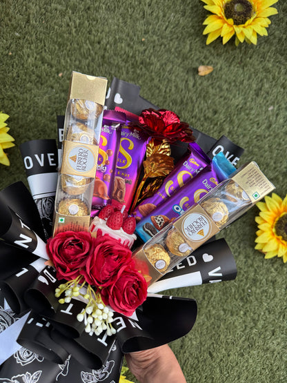 Rose & Chocolate Candle Bouquet – Sweetness Wrapped with Love