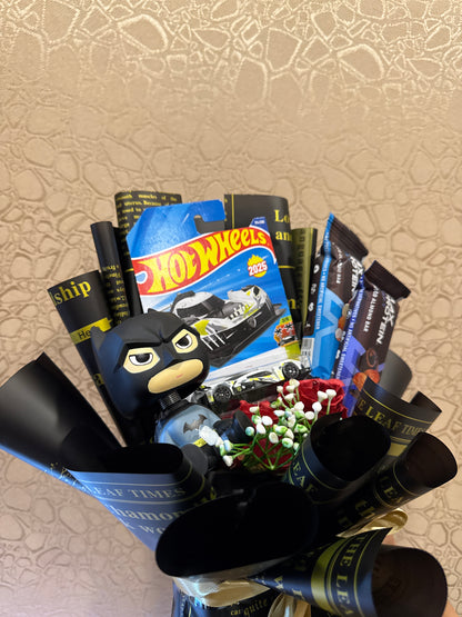 Batman & Hot Wheels Power Bouquet – Collectibles, Protein Bars & Roses