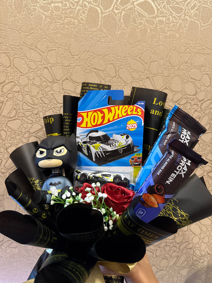 Batman & Hot Wheels Power Bouquet – Collectibles, Protein Bars & Roses