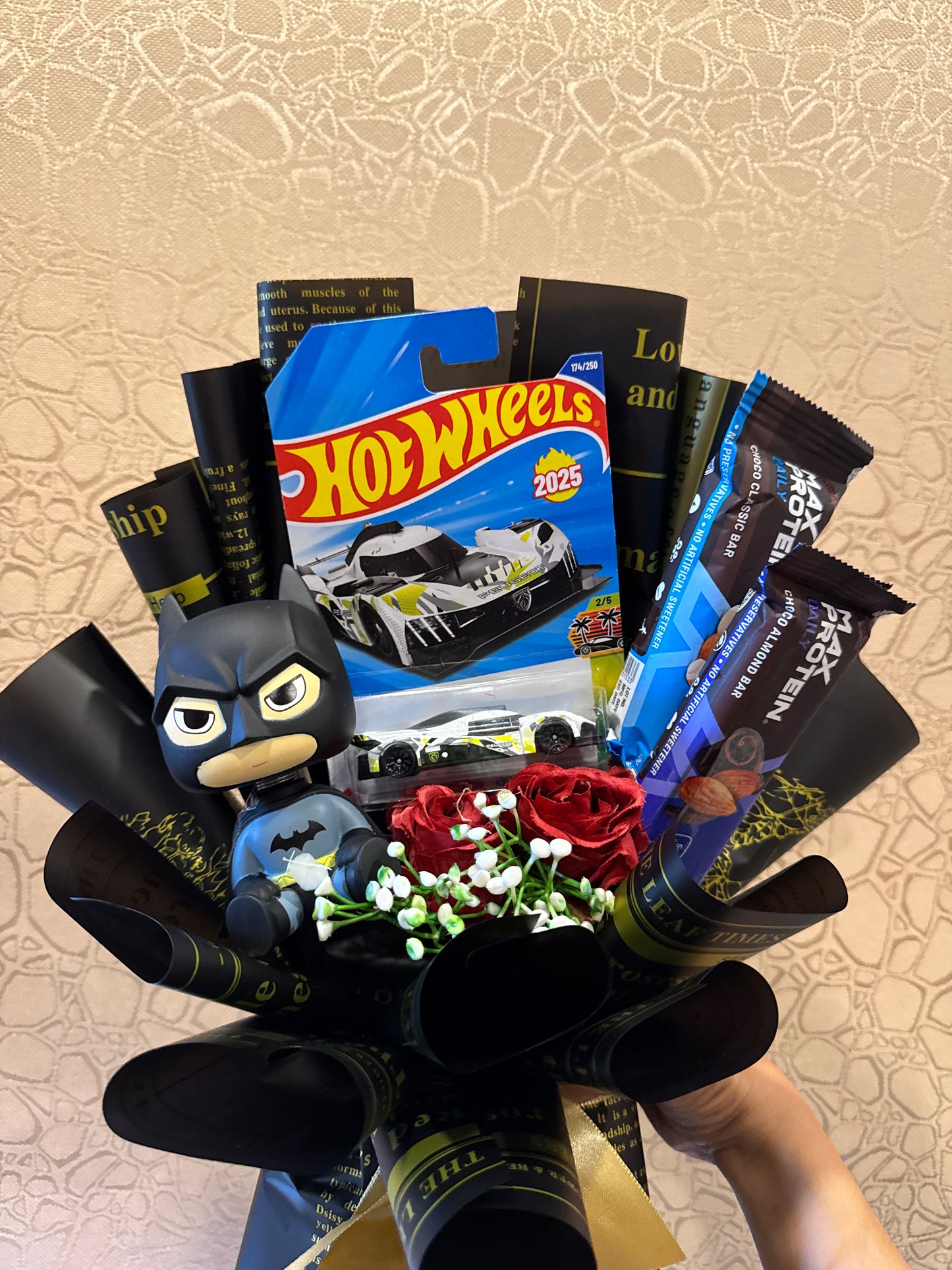 Batman & Hot Wheels Power Bouquet – Collectibles, Protein Bars & Roses