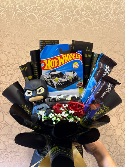 Batman & Hot Wheels Power Bouquet – Collectibles, Protein Bars & Roses